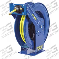 Spring Return Hose Reel: 50 ft (3/8 in I.D.), 3/8 in MNPT, 300 psi Max Op Pressure, Brass, Blue (MPN TSH-N-375-HV). Key specifications — Reel Color: Blue; Hose Capacity: 50 ft (3/8 in I.D.); Overall Dimensions: 24 in L x 9-3/8 in W x 25-1/2 in H; Swivel Material: Brass; Hose End Configuration: 3/8 in MNPT; Brand: COXREELS.
