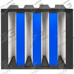 GRAINGER V-Bank Air Filter: 20 in x 24 in x 12 in, Fiberglass, Single Header, 4 Vs, Downstream Face (MPN 33E930). Key specifications — attr1286015: GRAINGER; attr1286018: Plastic; attr1286019: Fiberglass; attr1286016: Bacteria.