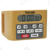 TAYLOR Digital Timer: Adj Volume/Stand Wall Mount/Time 4 Events Simultaneously, 4 1/2 in Overall Dp (MPN 5839). Key specifications — Clock Function Included: No; Count Direction: Count Up; Features: Stand Wall Mount; Digital Display Screen Type: LCD; Alarm Type: Audible; Brand: TAYLOR; Maximum Time Setting: 9 hrs, 59 minutes, 59 seconds.