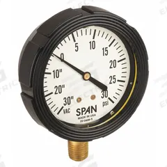 SPAN Compound Gauge with Internal Seal: 0 psi to 30 psi, LFS-210, 2 1/2 in Dial, Buna-N, Brass, IP65 (MPN LFS-210-30Hg/30PSI-G-KEMX). Key specifications — Brand: SPAN; Gauge Case Liquid: Glycerin; Seal Fill Liquid: Instrument Oil; Seal Lower Housing Material: Brass; Accuracy: ±1.00%; Gauge Wetted Parts: Brass / Copper.