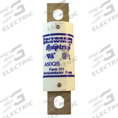 Semiconductor Fuse: A50P Series, Fast-Acting, 50 A, 500 V AC, 500 V DC DC Volt Rating (MPN A50QS50-4). Key specifications — Series: A50P; Brand: MERSEN; Voltage Type: AC/DC.