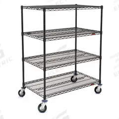 APPROVED VENDOR Wire Shelving Unit: 72 in x 24 in x 68 in, Dry/Wet, Split Sleeve, 4 Shelves, Black (MPN CC2472BL-SRP). Key specifications — Color: Black; Finish: Epoxy Coated; Recommended Environment: Dry; Number Of Shelves: 4; Caster Wheel/Configuration: (2) Swivel; Material: Steel; Caster Wheel/Tread Material: Polyurethane; Brand: APPROVED VENDOR.
