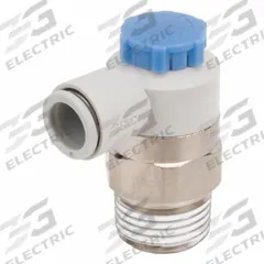 SMC Speed Control Valve: Elbow Fitting, Knob, 1/2 in Valve Body Size, 10 mm Tube, Meter In (MPN AS4211F-04-10SA). Key specifications — attr947203: Brass/PBT; attr947205: SMC.