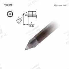 HAKKO Soldering Tip: T39 Series, Conical, 0.7 mm W, 5 mm Lg (MPN T39-B07). Key specifications — Brand: HAKKO; Compatible Handpiece Manufacturer Model Number: FX-9701; Manufacturer Part Number: T39-B07.