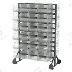 AKRO-MILS Bin Rail Floor Rack: 36 in x 54 in x 30 in, 2 Sided, 48 Bins, Hang and Stack Bin, Clear (MPN 30016240SC). Key specifications — Bin Color: Clear; Bin HxWxD: (48) 7 in x 8-1/4 in x 14-3/4 in; Rack Color: Gray; Brand: AKRO-MILS.