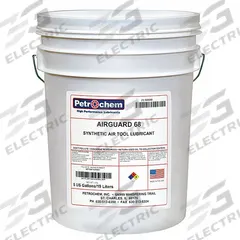 PETROCHEM Air Tool Oil: Synthetic, -55°F Min. Op Temp., 450°F Max. Op Temp., NSF H2, Pail (MPN AIRGUARD 68-005). Key specifications — attr1321222: Synthetic; attr1321226: 20W; attr1321227: 129; attr1321244: PETROCHEM; attr1321245: Pail.