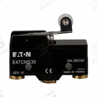 EATON Snap Action Switch: Roller Lever Actuator, SPDT, Screw Terminals (MPN E47CMS30). Key specifications — AC Contact Rating: 20 A @ 250 V; Electrical Connection: Screw Terminals; Series: E47; Brand: EATON.