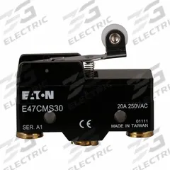 EATON Snap Action Switch: Roller Lever Actuator, SPDT, Screw Terminals (MPN E47CMS30). Key specifications — AC Contact Rating: 20 A @ 250 V; Electrical Connection: Screw Terminals; Series: E47; Brand: EATON.