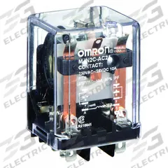 OMRON General Purpose Relay: Socket Mounted, 10 A Current Rating, 24V AC, DPDT, 8 Pins/Terminals (MPN MJN2C-AC24). Key specifications — Brand: OMRON; Base Type: Square; Mounting Style: Plug-In; Pin Shape: Flat; Electrical Connection: Quick-Connect; Manufacturer Part Number: MJN2C-AC24; Series: MJN Series.