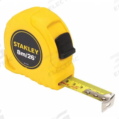 STANLEY Tape Measure: Nonmagnetic Single Hook Tip, 26 ft / 8 m, Plastic - Inch & Metric Tape Measures