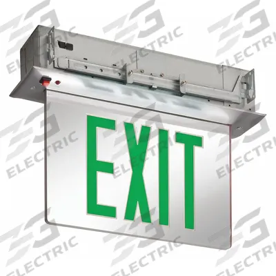 LITHONIA LIGHTING Exit Sign: 2 Faces, Green, Aluminum, Universal Field Selectable Chevrons - Recess-Mount Edge-Lit Exit Signs