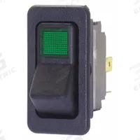EATON Lighted Rocker Switch: 2 Positions, SPST, Off/Momentary On, Green (MPN 8005K37N113V32). Key specifications — AC Contact Rating: 10 A @ 250 V; DC Contact Rating: 15 A @ 28 V; Horsepower: 3/4 hp @ 250 V; Operator Illumination: Illuminated; Switch Color: Black; Terminal Connection Type: Screw Terminals; Includes Lamp Module: Lamp Module Included; Includes Lens: Lens Included.