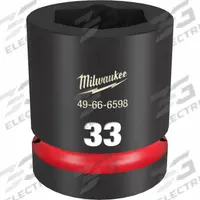 MILWAUKEE Standard Impact Socket: 1 in Drive Size, Metric, 33 mm Socket Size, 6-Point, Std, Friction (MPN 49-66-6598). Key specifications — attr1215501: MILWAUKEE; attr1215515: Black Phosphate; attr1215518: 33 mm.