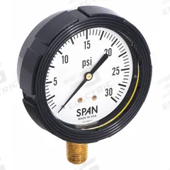 SPAN Pressure Gauge with Internal Seal: 0 psi to 30 psi, LFS-210, 2 1/2 in Dial, Buna-N, Brass, IP65 (MPN LFS-210-30-G-KEMX). Key specifications — Brand: SPAN; Gauge Case Liquid: Glycerin; Seal Fill Liquid: Instrument Oil; Seal Lower Housing Material: Brass; Accuracy: ±1.00%; Gauge Wetted Parts: Brass / Copper.