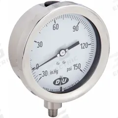 DURO Industrial Compound Gauge: 0 psi to 150 psi, White, 4 1/2 in Dial, 1/4 in NPT Male, Bottom, 4 (MPN 4.2072513E7). Key specifications — Brand: DURO; Pointer Color: Black; Accuracy: ±0.5%; Dial Color: White; Gauge Wetted Parts: Stainless Steel; Case Material: Stainless Steel; Vibration Resistance Properties: None; Pressure Range: 0 psi to 150 psi.