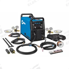 MILLER ELECTRIC Multiprocess Welder: Multimatic 220 AC/DC, AC/DC, MIG/Stick/TIG Pack (MPN 907757). Key specifications — Maximum Amperage (Stick): 200 A; Maximum Amperage (TIG): 210 A; Input Voltage (Nominal) (Merch - Table Column, Filters): 120V.