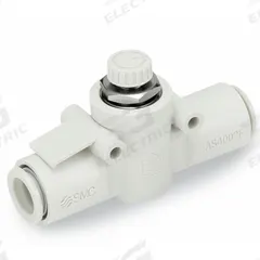 SMC Speed Control Valve: In-Line Fitting, Hex Screw, 1/2 in Valve Body Size, 1/2 in Tube, Meter In (MPN AS4002F-13). Key specifications — attr947203: Brass/PBT; attr947205: SMC.