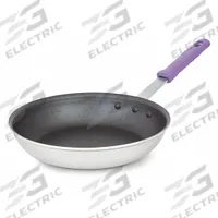 VOLLRATH Fry Pan: Non-Stick, 10 in Top Dia, Aluminum, Black/Silver, Silicone, NSF Certified, Purple (MPN T401080). Key specifications — Brand: VOLLRATH; Handle Color: Purple; NSF Certified: Yes; Product Type: Fry Pan; Body Color: Black/Silver; Handle Material: Silicone; Body Material: Aluminum; Handle Type: Riveted.