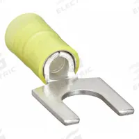 PANDUIT Fork Terminals: Yellow, Nylon, 1/4 in Stud Size, 12 AWG – 10 AWG Wire Range, Std Fork, 600 V (MPN PN10-14F-L). Key specifications — Barrel Style: Insulation Grip; Manufacturer Part Number: PN10-14F-L; Brand: PANDUIT; Series: CT.