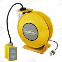 HUBBELL WIRING DEVICE-KELLEMS Extension Cord Reel: Ratchet Lock, 45 ft Cord Lg, 14 AWG, SJO, 5-15P (MPN HBLI45143GF15Y). Key specifications