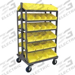 JAMCO Mobile Pick Rack: 36 in x 30 in x 66 in, 58 Bins, Open, Yellow, Gray (MPN RB336U600GP). Key specifications — Bin HxWxD: (6) 4 in x 11-1/8 in x 11-5/8 in; Bin Color: Yellow; Frame Color: Gray; Brand: JAMCO.