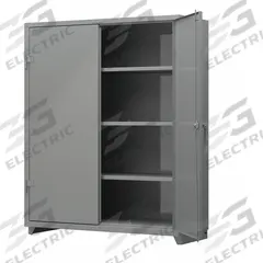 STRONG HOLD Storage Cabinet: 60 in x 24 in x 75 in, Swing Handle & Padlock Hasp, 14 ga Panel Thick (MPN 56-243-L). Key specifications — attr62698: Gray; attr62736: Welded; attr87895: Legs; attr62693: Assembled; attr62737: Stationary; attr62694: Adjustable; attr62695: Baked Enamel; attr62696: Steel.