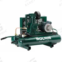 ROLAIR Portable Air Compressor: Oil Lubricated, 9 gal, Wheelbarrow, 1.5 hp, 7.3 cfm @ 90 psi, 17.1 A (MPN 5715K17). Key specifications — attr48686: Oil Lubricated; attr48685: 240V AC; attr48689: 10.10 cfm; attr48678: 17.1 A; attr48688: Regulator; attr48671: ROLAIR; attr124308: Standard (75 dBA or more).