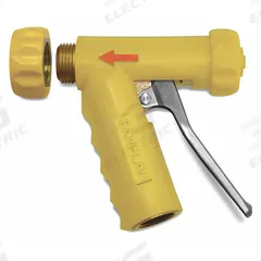 SANI-LAV Spray Nozzle: 3/4 in Connection Size, GHT, Brass/Stainless Steel, 5 1/4 in Overall Lg (MPN N1TY). Key specifications — Nozzle Color: Yellow; Material: Stainless Steel; Nozzle Shutoff Type: Handle Controls; Brand: SANI-LAV.