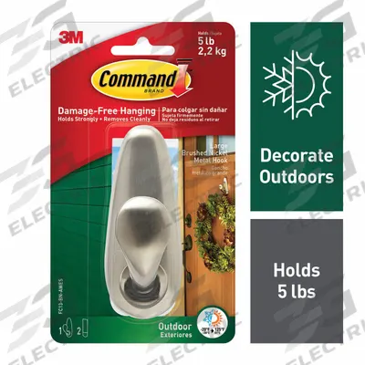 COMMAND Hook: 5 lb Wt Capacity, 1 Points per Hook, Nickel, 4 in Overall Ht - Outdoor Decorative & Utility Adhesive-Backed Hooks
