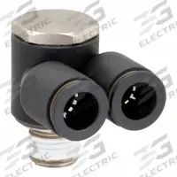 LEGRIS Push-Fit Twin Banjo Fitting: 1/8 in Pipe x 5/32 in OD x 5/32 in OD Size, Nylon, Black (MPN 3049 04 11). Key specifications — Brand: LEGRIS; Thread Size A: 1/8".