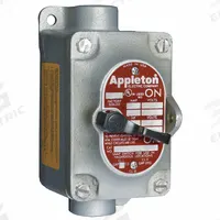 APPLETON ELECTRIC Tumbler Switch: 1 Gang, 4-Way, 20 A, 277 V AC, Feed-Thru Hub, 3/4 in Hub Size (MPN EDSC175-F4W). Key specifications — Brand: APPLETON ELECTRIC.