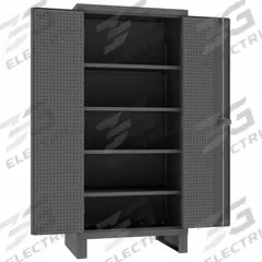DURHAM MFG Pegboard Cabinet: 36 in x 24 in x 78 in, Swing Handle & Padlock Hasp, 12 ga Panel Thick (MPN HDCP243678-4S95). Key specifications — Cabinet Color: Gray; Method of Construction: Welded; Base Type: Legs; Assembled: Assembled; Mobility: Stationary; Adjustable Shelves: Adjustable; Cabinet Finish: Powder Coated; Cabinet Material: Steel.