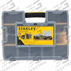 STANLEY Compartment Box: 16 3/4 in x 13 in x 3 3/8 in, Black/Yellow, 14 Compartments, 8 Adj Dividers (MPN STST14027). Key specifications — ESD Conductive: Not Electrostatic Discharge Conductive; Color: Black/Yellow; Compartment WxD: 16-4/5 in x 12-15/16 in x 3-7/16 in; Brand: STANLEY; Material: Plastic.