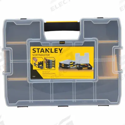 STANLEY Compartment Box: 16 3/4 in x 13 in x 3 3/8 in, Black/Yellow, 14 Compartments - Small Parts Compartmented Boxes with Adjustable Dividers