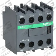 SCHNEIDER Auxiliary Contact Block: 2NO/2NC, 10 A Max Current (AC), Front Mount, Front-Mounted (MPN LADN22). Key specifications — Brand: SCHNEIDER; Compatible with Series: TeSys F.