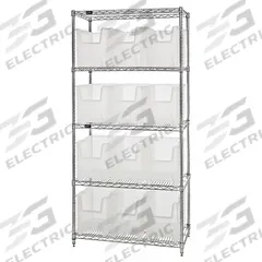 QUANTUM STORAGE SYSTEMS Bin Shelving: 36 in x 18 in x 74 in, 1 Sided, 12 Bins, Open, Clear (MPN WR5-600CL). Key specifications — Includes Bins: Yes; Bin Material: Polypropylene; Frame Color: Silver; Bin HxWxD: (12) 12-1/2 in x 10-7/8 in x 17-1/2 in; Frame Material: Steel; Bin Color: Clear; Bin Style: Hang and Stack; Brand: QUANTUM STORAGE SYSTEMS.