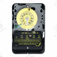 INTERMATIC Electromechanical Timer: 24 hr, 208-277V AC, DPST, Mechanical (MPN T104-20). Key specifications — Body Material: Metal; Indoor/Outdoor Usage: Indoor; Mounting Style: Surface; Brand: INTERMATIC.