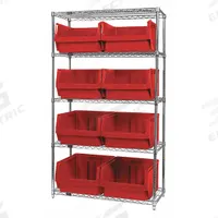 QUANTUM STORAGE SYSTEMS Bin Shelving: 42 in x 18 in x 74 in, 1 Sided, 8 Bins, Open, Stacking Bin (MPN WR5-543RD). Key specifications — Includes Bins: Yes; Bin Material: Polypropylene; Frame Color: Silver; Bin HxWxD: (8) 11-7/8 in x 18-3/8 in x 19-3/4 in; Frame Material: Steel; Bin Color: Red; Brand: QUANTUM STORAGE SYSTEMS.