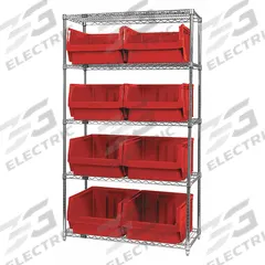 QUANTUM STORAGE SYSTEMS Bin Shelving: 42 in x 18 in x 74 in, 1 Sided, 8 Bins, Open, Stacking Bin (MPN WR5-543RD). Key specifications — Includes Bins: Yes; Bin Material: Polypropylene; Frame Color: Silver; Bin HxWxD: (8) 11-7/8 in x 18-3/8 in x 19-3/4 in; Frame Material: Steel; Bin Color: Red; Brand: QUANTUM STORAGE SYSTEMS.