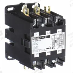 SQUARE D Definite Purpose Magnetic Contactor: 3 Poles, 480V AC, 50 A, Non-Reversing (MPN 8910DPA53V06). Key specifications — Brand: SQUARE D; Coil Voltage: 440/480V AC; Contactor Style: HVACR Definite Purpose Contactor; Terminal Connection Type: Quick-Disconnect Terminals; Maximum Voltage Rating: 600V AC; Series: 8910 Series Type DPA; Phase: Three; Main Pole Contact Form: 3NO.