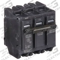GE Miniature Circuit Breaker: THQL, 20 A, 120/240V AC, Three Phase, 10kA at 120/240V AC, Std (MPN THQL32020). Key specifications — Amps: 20 A; AC Voltage Rating: 120/240V AC; Phase: Three; Max. AIR Rating: 10kA at 120/240V AC; For Use With: Power Mark Gold Load Centers and AQ Lighting Panels.