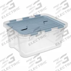 STERILITE Storage Tote: 5 gal, 18 1/4 in x 13 in x 8 in, Clear Body, Blue Lid, Stacking Capable (MPN 23926H06). Key specifications — Material: Plastic; Brand: STERILITE.