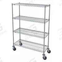 METRO Wire Shelving Unit: 48 in x 20 1/4 in x 67 1/2 in, Dry, Split Sleeve, 4 Shelves, Silver (MPN N356BBR). Key specifications — attr15738: Silver; attr15739: Donut Bumpers for Casters; attr14157: Chrome; attr14150: Dry; attr14159: Round; attr5304: 4; attr14155: (2) Swivel; attr14158: Steel.