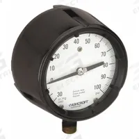 ASHCROFT Process Compound Gauge: 0 psi to 100 psi, White, 4 1/2 in Dial, 1/2 in NPT Male, Bottom (MPN 451279AS04LV/100#). Key specifications — Brand: ASHCROFT; Pointer Color: Black; Accuracy: ±0.5%; Dial Color: White; Gauge Wetted Parts: Brass / Bronze; Case Material: Phenolic; Vibration Resistance Properties: None; Pressure Range: 0 psi to 100 psi.