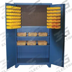 GREENE MANUFACTURING, INC. Pegboard Bin Cabinet: 48 in x 24 in 84 in, 2 Shelves, 62 Bins, Yellow (MPN GTV-4000). Key specifications — Bin Color: Yellow; Bin HxWxD: (6) 4-3/8 in x 13-3/4 in x 19 in; Assembled: Assembled; Brand: GREENE MANUFACTURING, INC.; Cabinet Color: Gray; Cabinet Finish: Baked Enamel; Cabinet Material: Steel; Cabinet Storage Components: Bins.