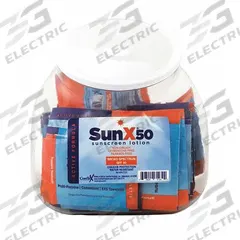 SUNX Sunscreen: 50 SPF, Lotion, 0.25 oz, 25 PK (MPN 18-917G). Key specifications — Unitized: Unitized; Manufacturer Part Number: 18-917G; Format: Lotion; Purpose: Sunscreen; Brand: SUNX; Formula Features: Paraben Free; Unit Package Type: Packet; Active Ingredient: Aloe Vera.