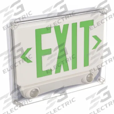 APPROVED VENDOR Exit Sign with Emergency Lights: White, 1 Faces, Green, LED, Ceiling/Wall - Plastic Exit Signs with Round Bottom-Mount Light Heads