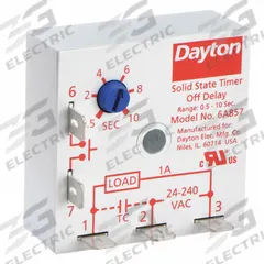DAYTON Single Function Encapsulated Timing Relay: Surface Relay Mounting, 24 to 240V AC (MPN 6A857). Key specifications — Brand: DAYTON.