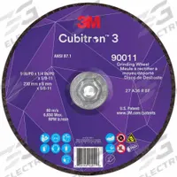 3M CUBITRON 3 Depressed Center Grinding Wheel: Type 27, 9" x 1/4" x 5/8"-11, Ceramic, 36 Grit (MPN 90011). Key specifications — Brand: 3M CUBITRON 3.