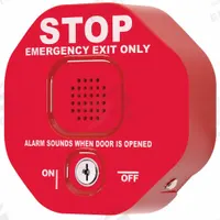SAFETY TECHNOLOGY INTERNATIONAL Exit Door Alarm: 9 V DC, Key Lock, Red, Polycarbonate, Horn (MPN 3JYW2). Key specifications — Power Source: Battery; Brand: SAFETY TECHNOLOGY INTERNATIONAL; Cylinder Type: Key Lock; Sound Type: Horn; Alarm Body Color: Red; Alarm Body Material: Polycarbonate.